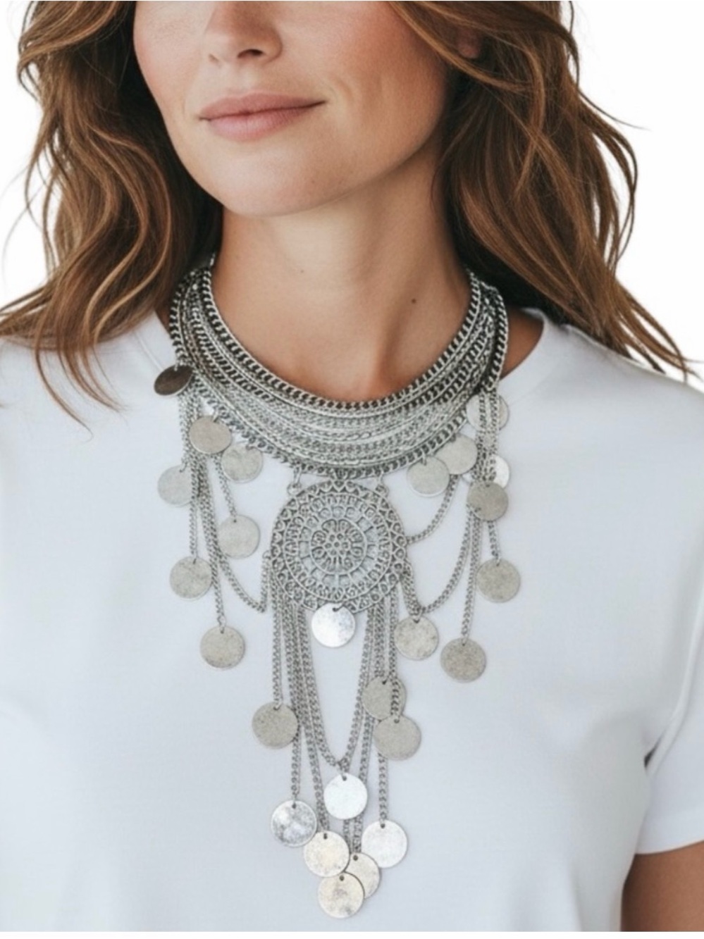 Statement Silver Coin Layered Necklace - Women Jewelry